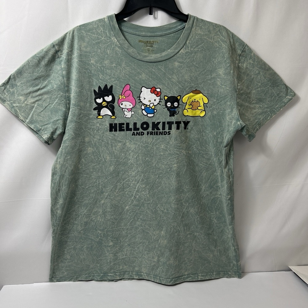 Hello Kitty Shirt Sanrio Acid Wash Graphic T shirt Green Logo Crewneck Size L